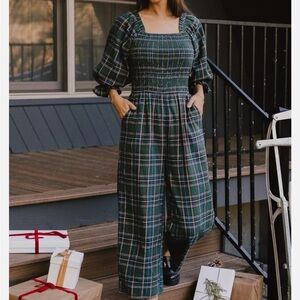 Ivy City Co Green Plaid Jumpsuit with Puff Sleeves